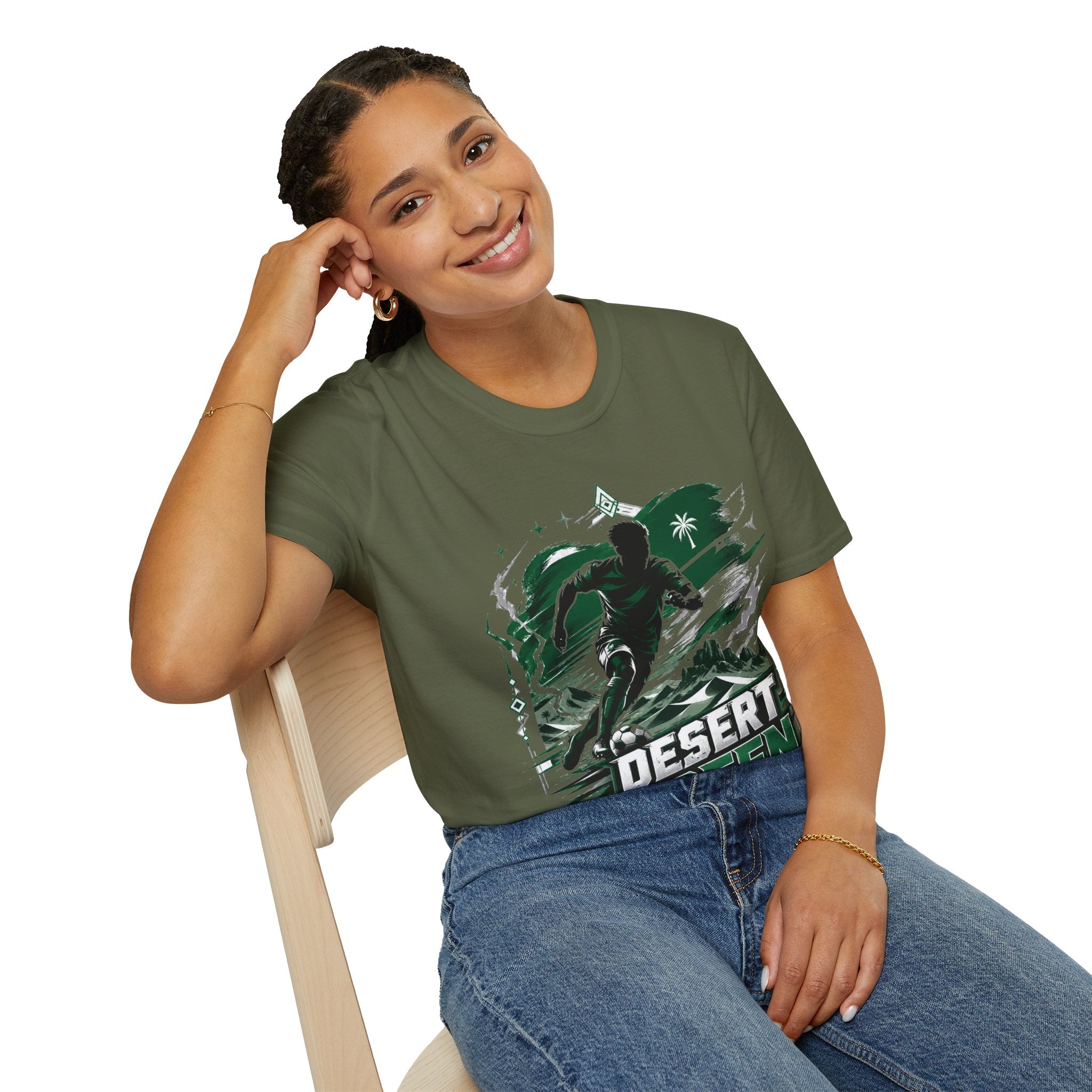 Saudi Arabia Desert Green Soccer T-Shirt — Silhouette Player Graphic