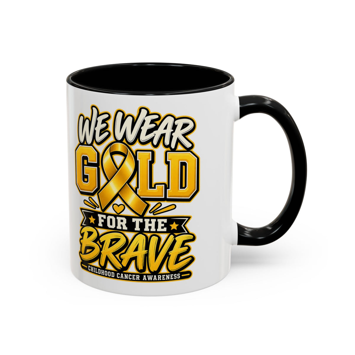 Childhood Cancer Awareness Accent Coffee Mug – "We Wear Gold for the Brave" (11/15 oz)