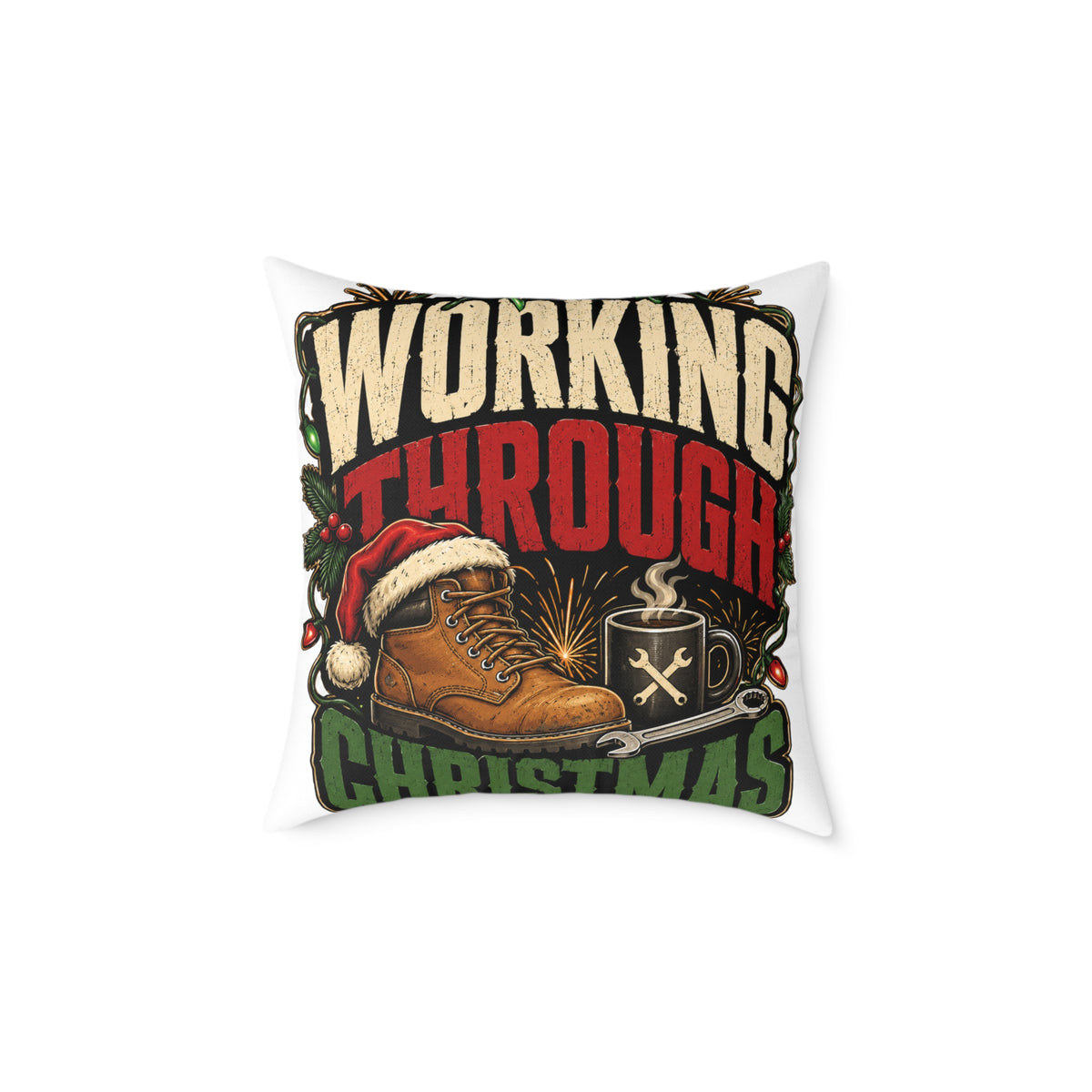 Working Through Christmas Modern Day Christmas Decorative Pillow — Holiday Boot & Coffee Throw Pillow