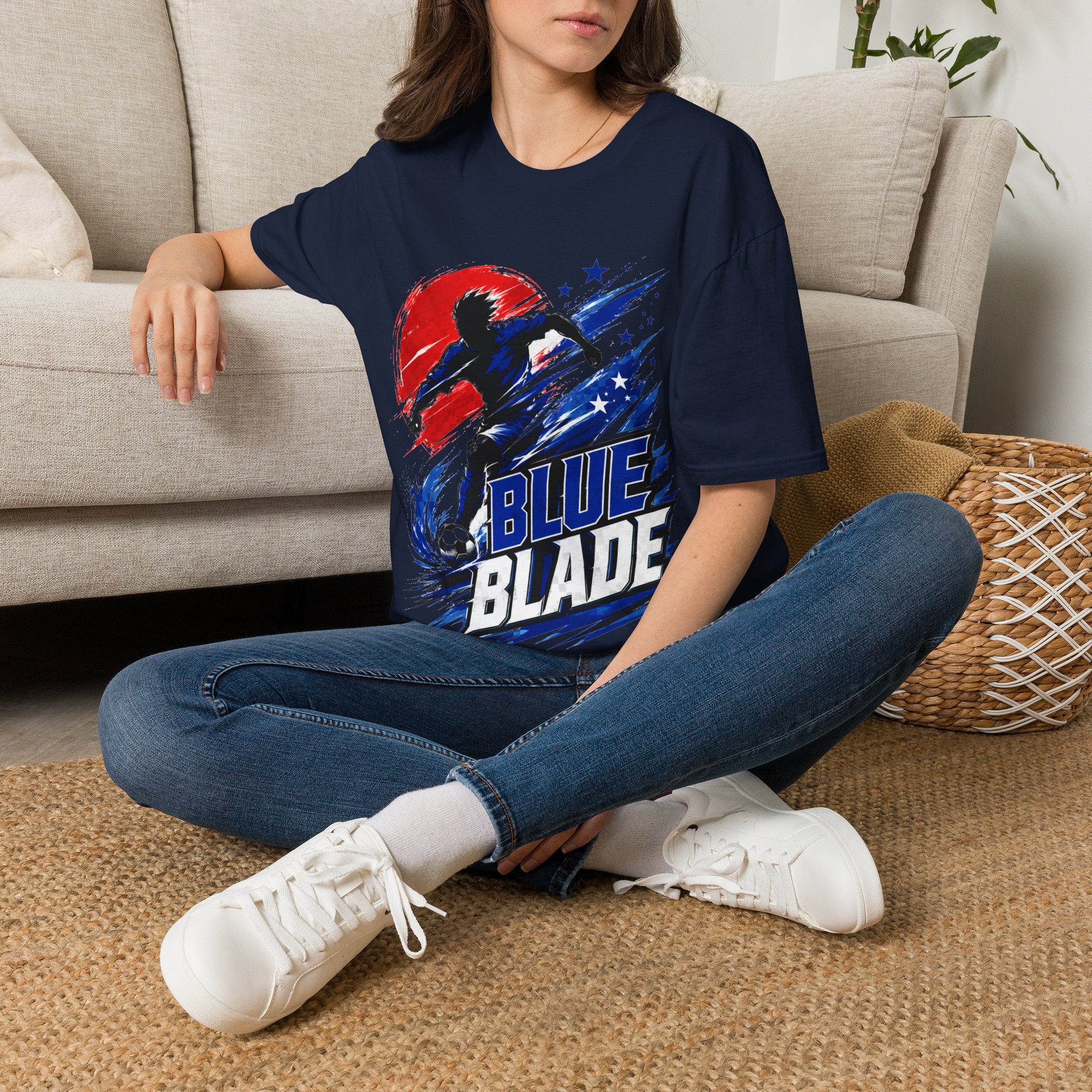 Japan T-Shirt — Blue Blade Soccer Graphic Tee (Red & Blue Starburst)