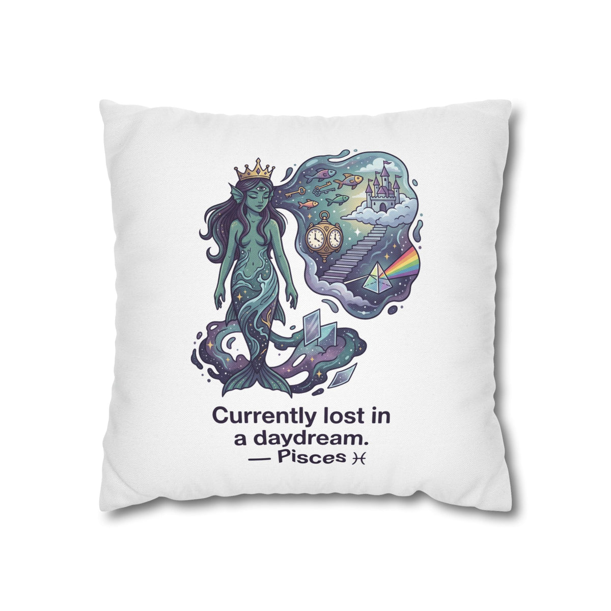 Pisces Mermaid Pillowcase — "Currently Lost in a Daydream" Decorative Throw Pillow