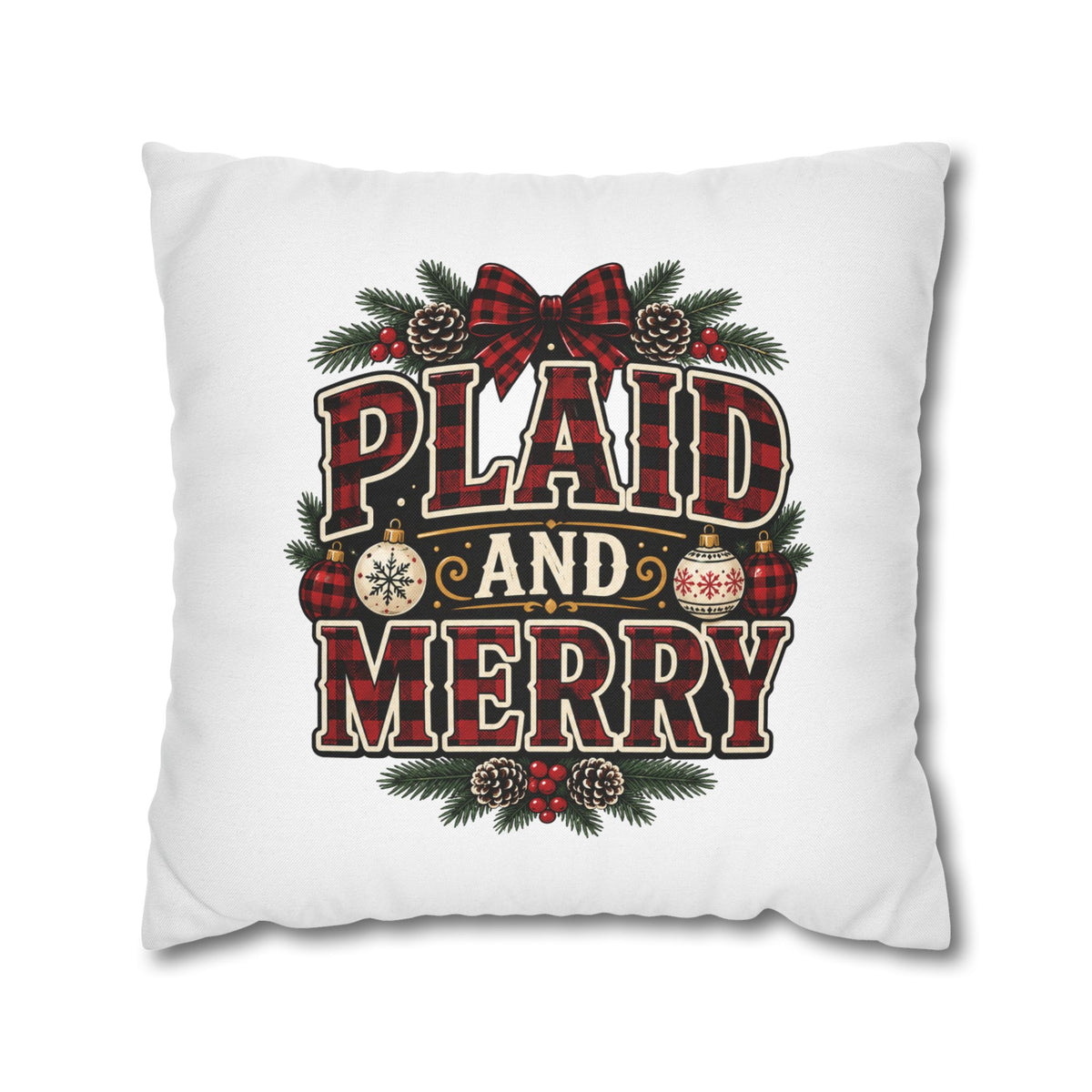 Plaid and Merry Christmas Throw Pillowcase — Festive Buffalo Plaid Holiday Decor