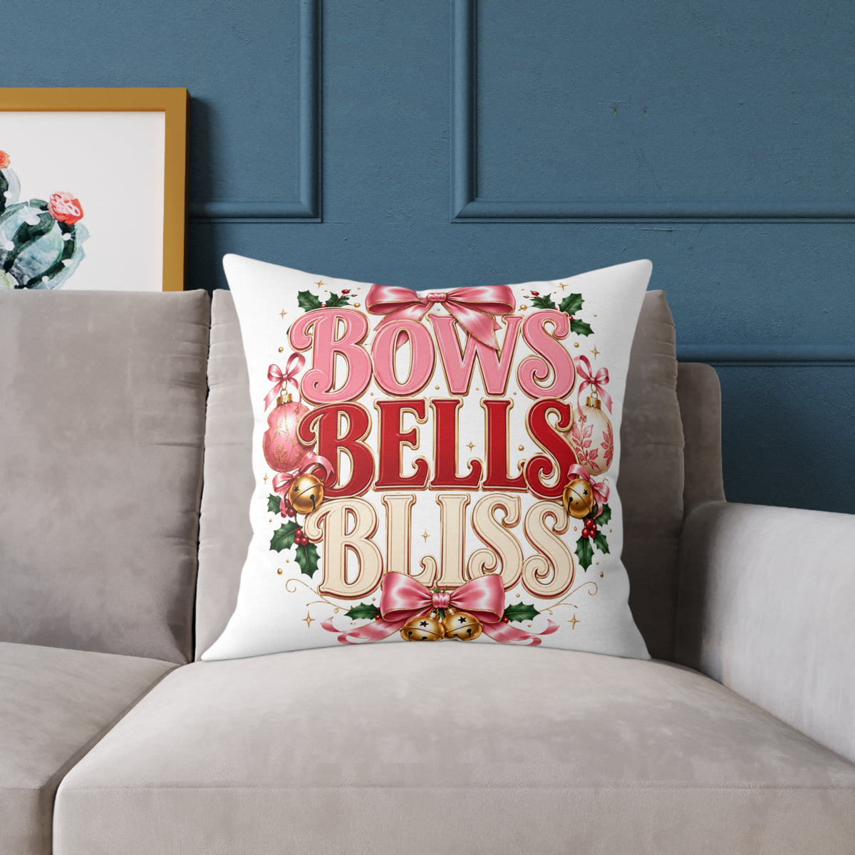 Bows Bells Bliss Christmas Square Poly Canvas Pillow