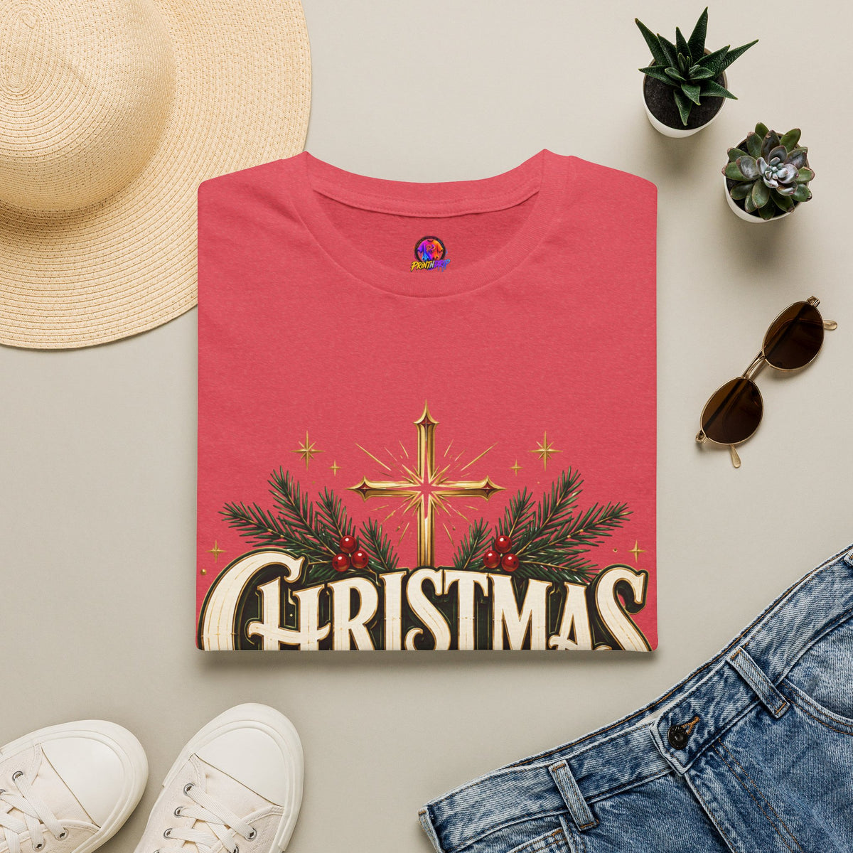 Christmas Blessed T-Shirt — Faith-Based Holiday Tee with Cross & Pine Design