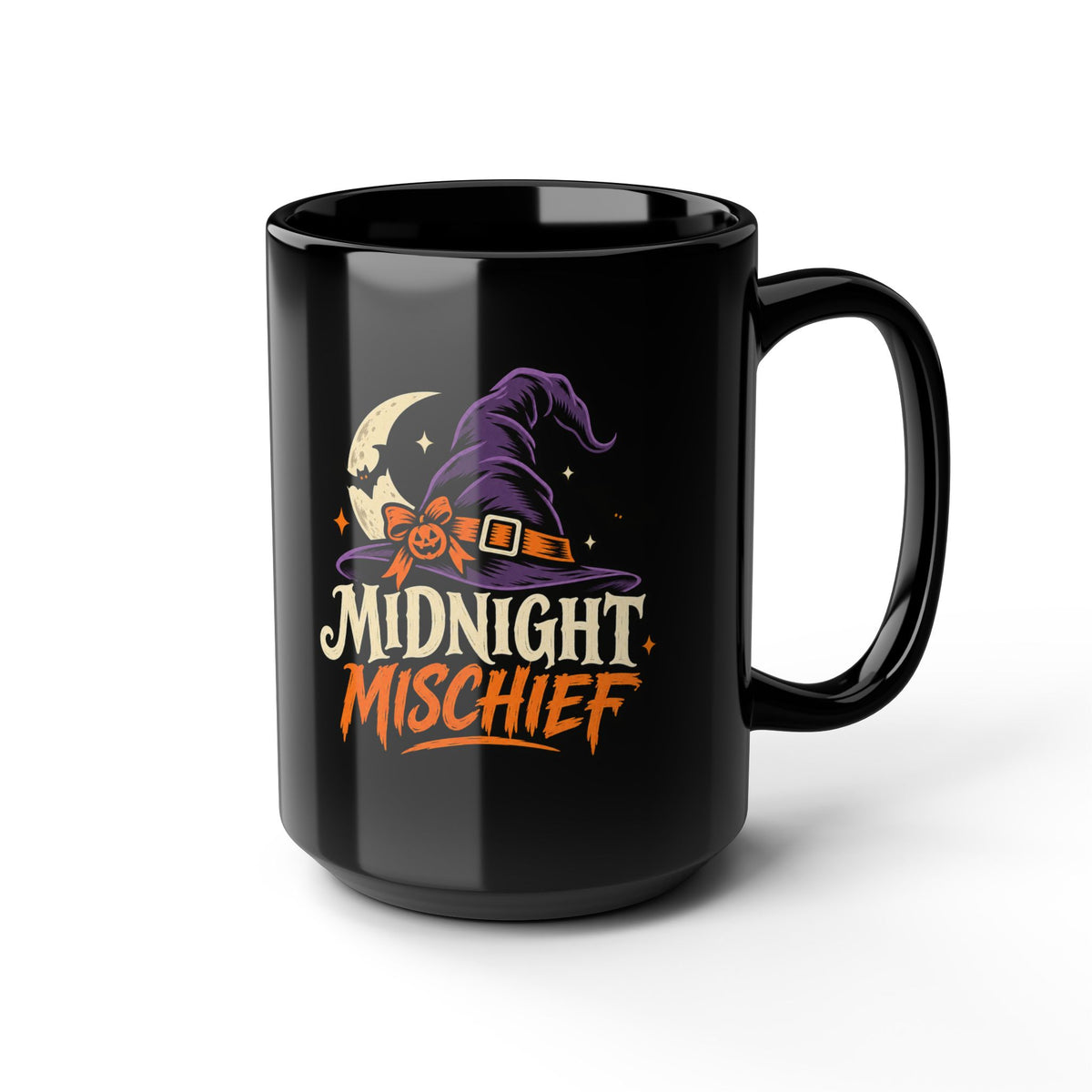 Midnight Mischief Halloween Mug — Witch Hat Moon Design (11oz/15oz Black)