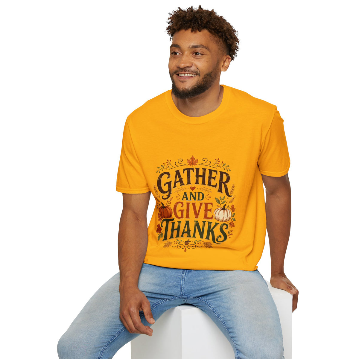 Thanksgiving T-Shirt Gather and Give Thanks T-Shirt — Thanksgiving Fall Holiday Tee