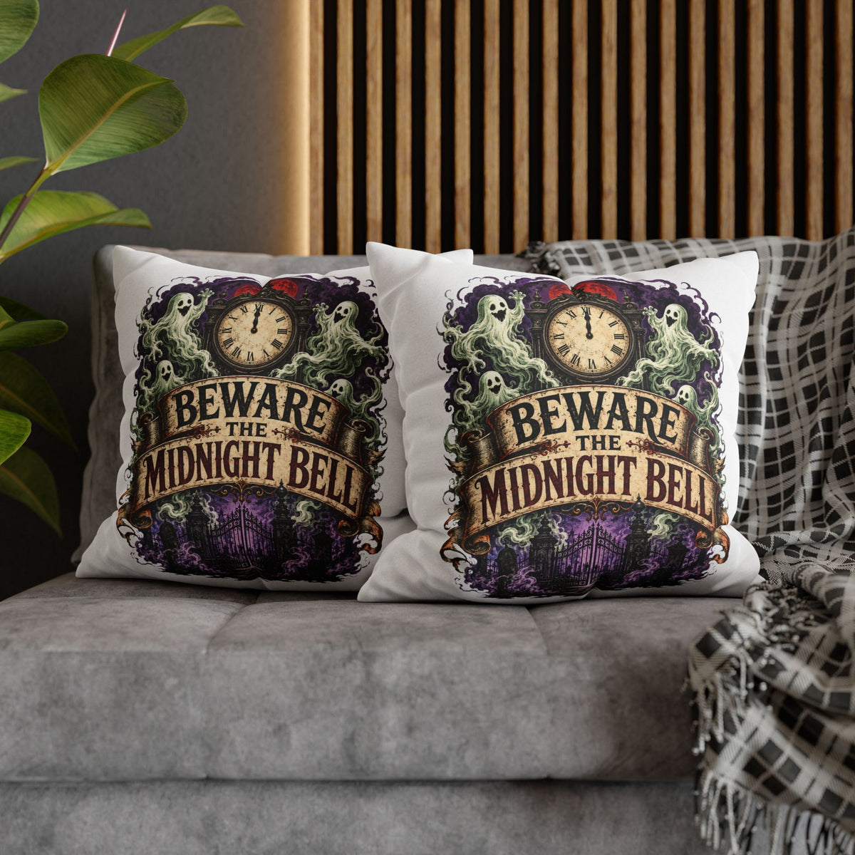 Halloween Beware the Midnight Bell Pillowcase — Haunted Clock & Ghosts Decorative Throw Pillow