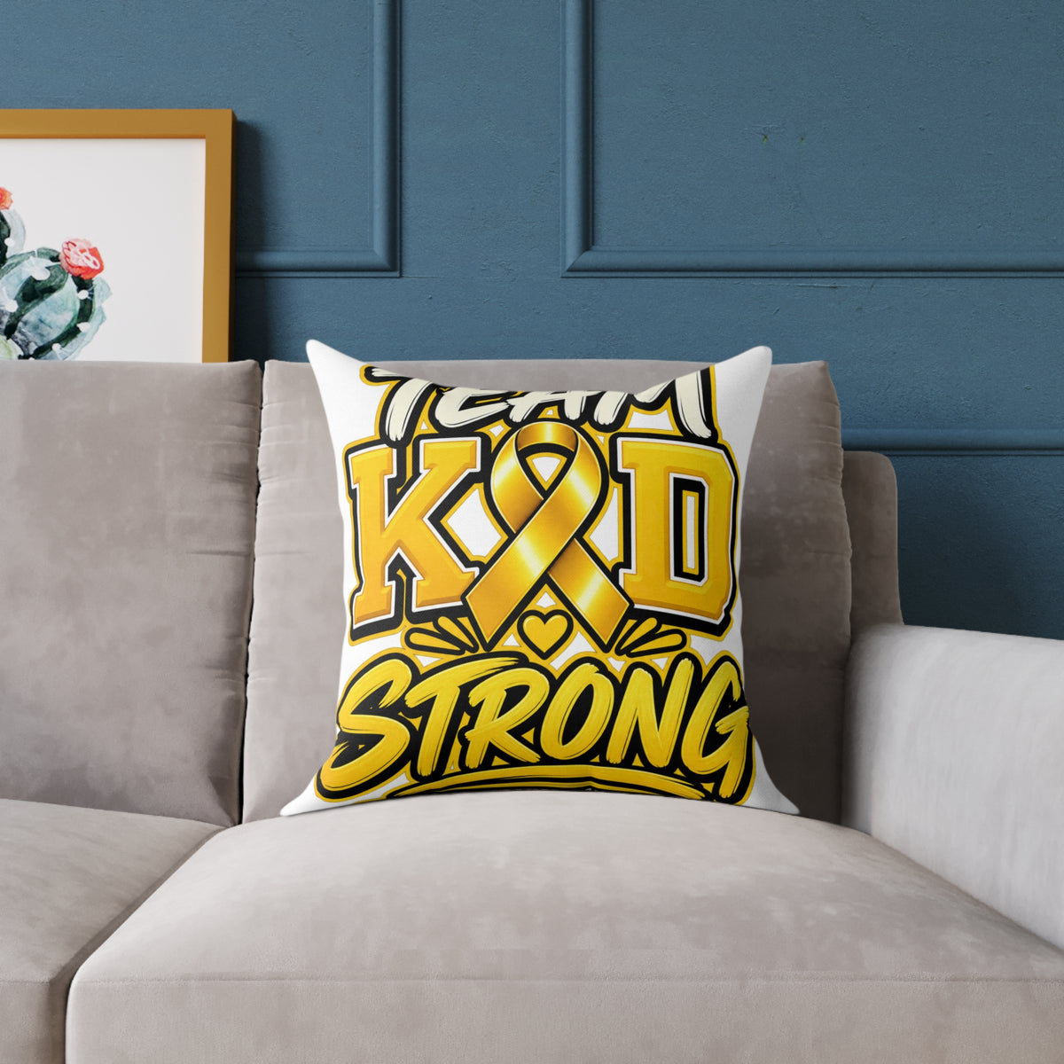 Team Kid Strong Square Throw Pillow — Childhood Cancer Awareness Ribbon Accent