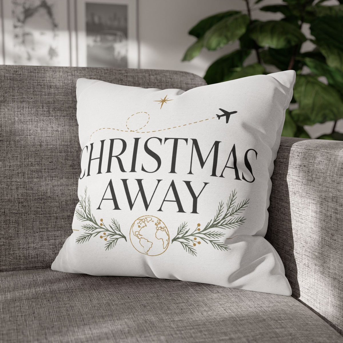 Christmas Away Square Pillowcase – Travel-Themed Holiday Decorative Pillow