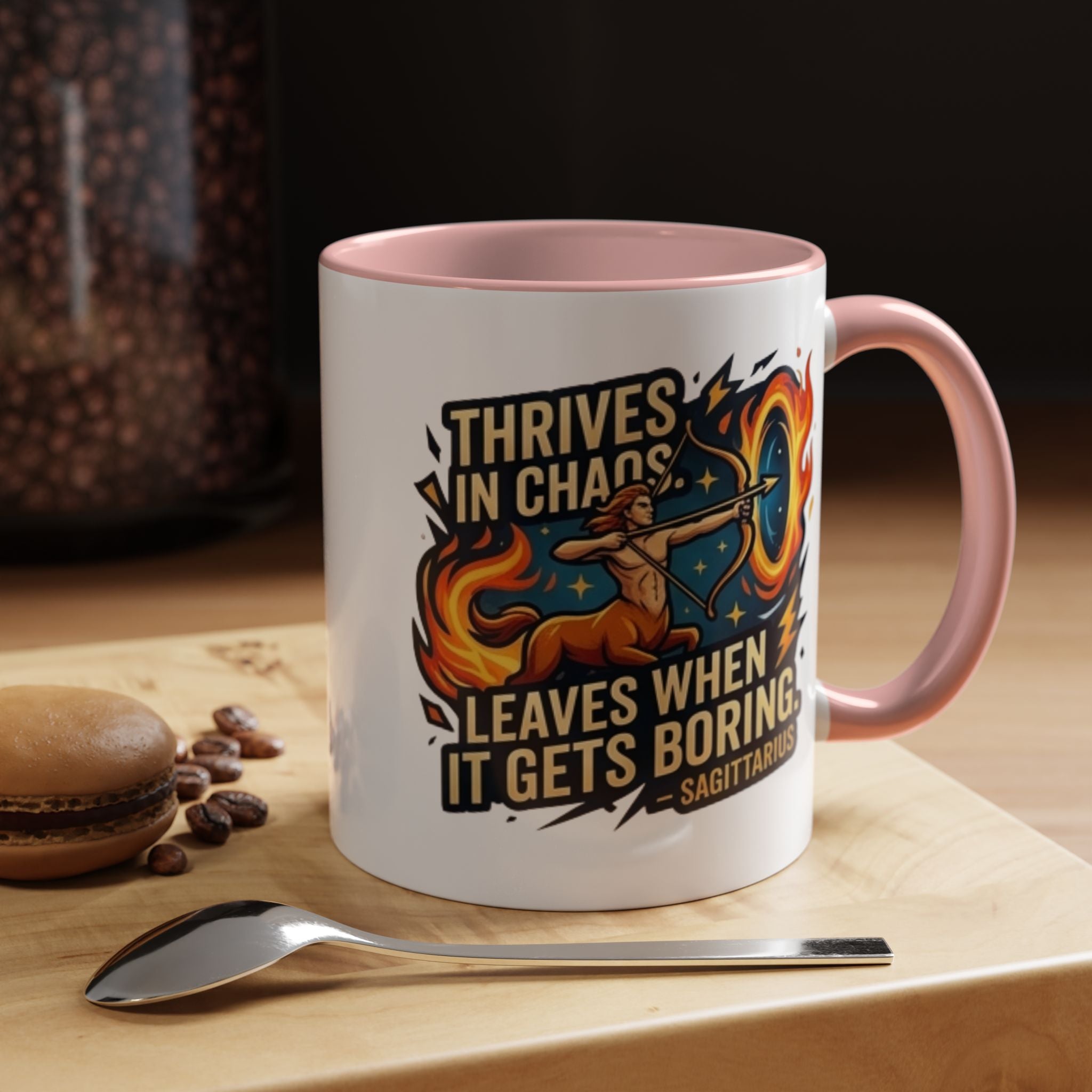 Sagittarius Coffee Mug – "Thrives in Chaos, Leaves When It Gets Boring" Accent Mug