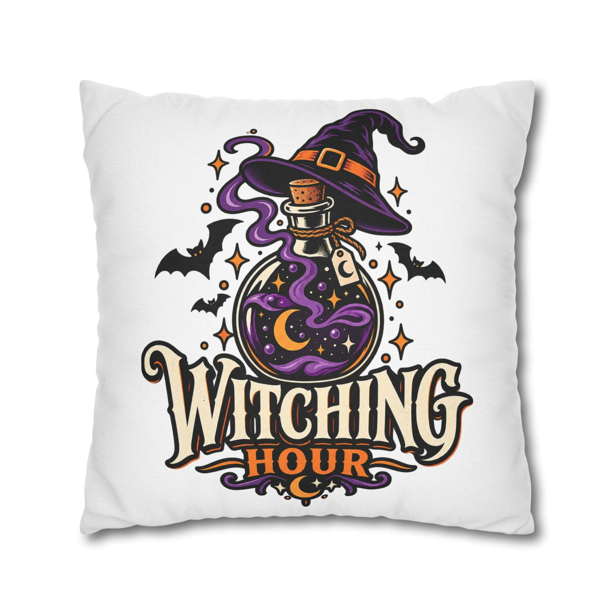 Witching Hour Square Pillowcase – Halloween Potion Witch Hat Throw Pillow Cover