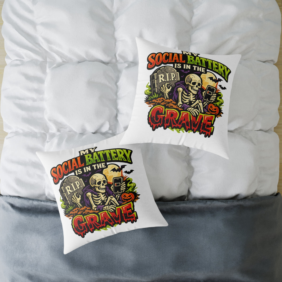 Halloween Skeleton Pillow - "My Social Battery Is In The Grave" Decorative Throw Pillow