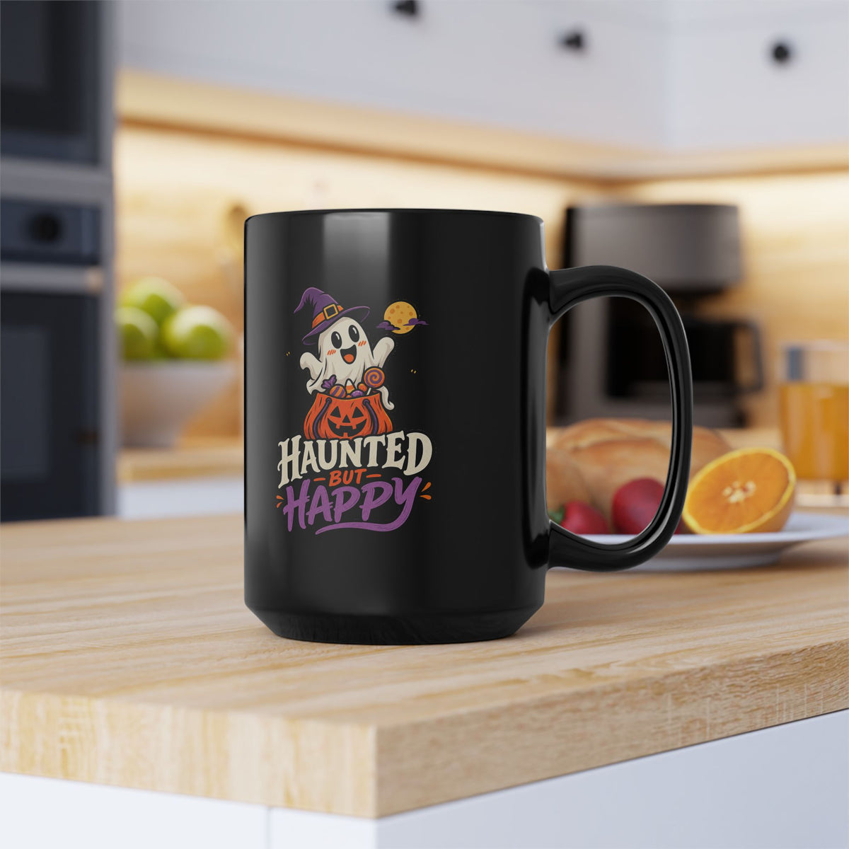 Haunted But Happy Halloween Mug — Cute Ghost Pumpkin Black Coffee Cup