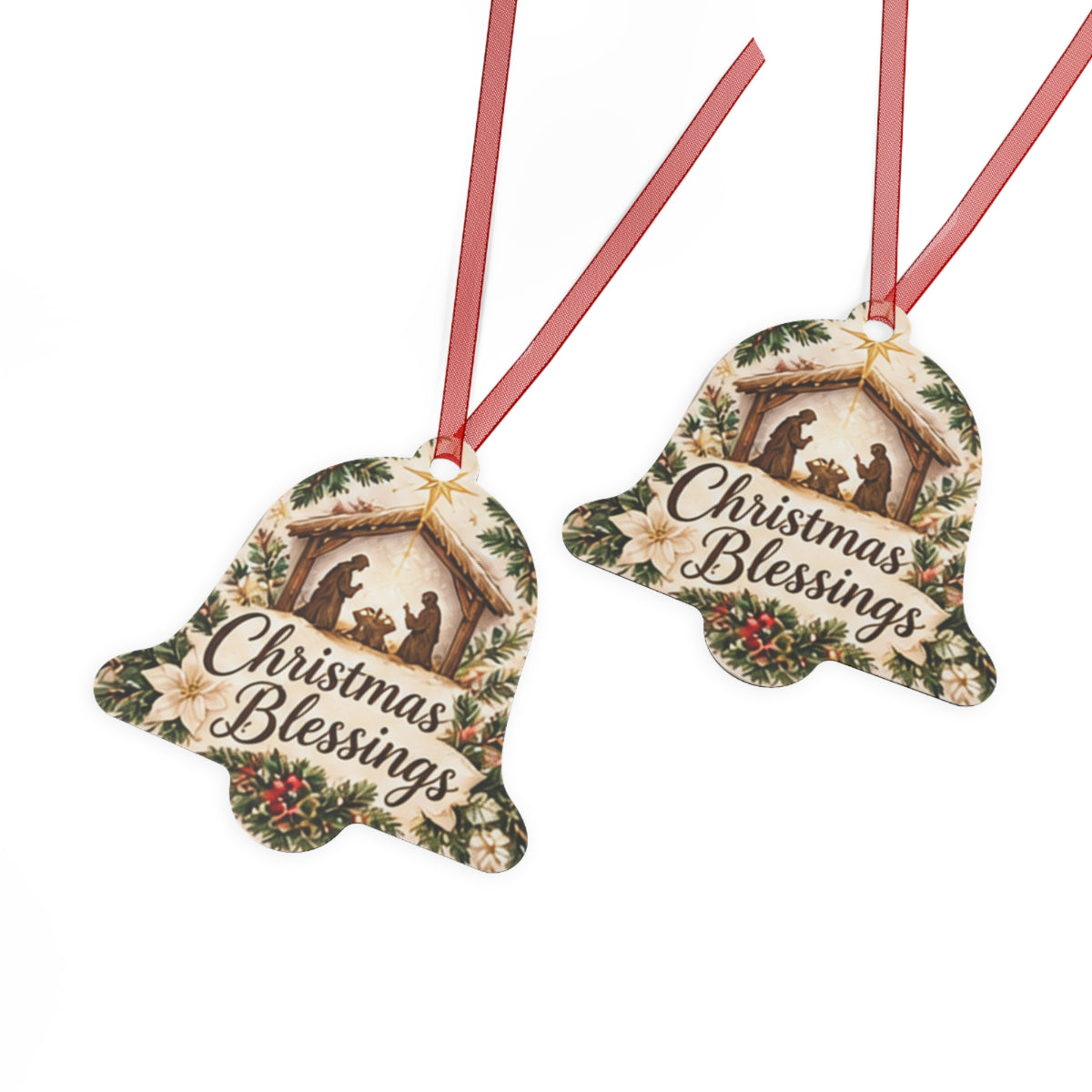Christmas Blessings Metal Ornament — Nativity Bell Holiday Decoration