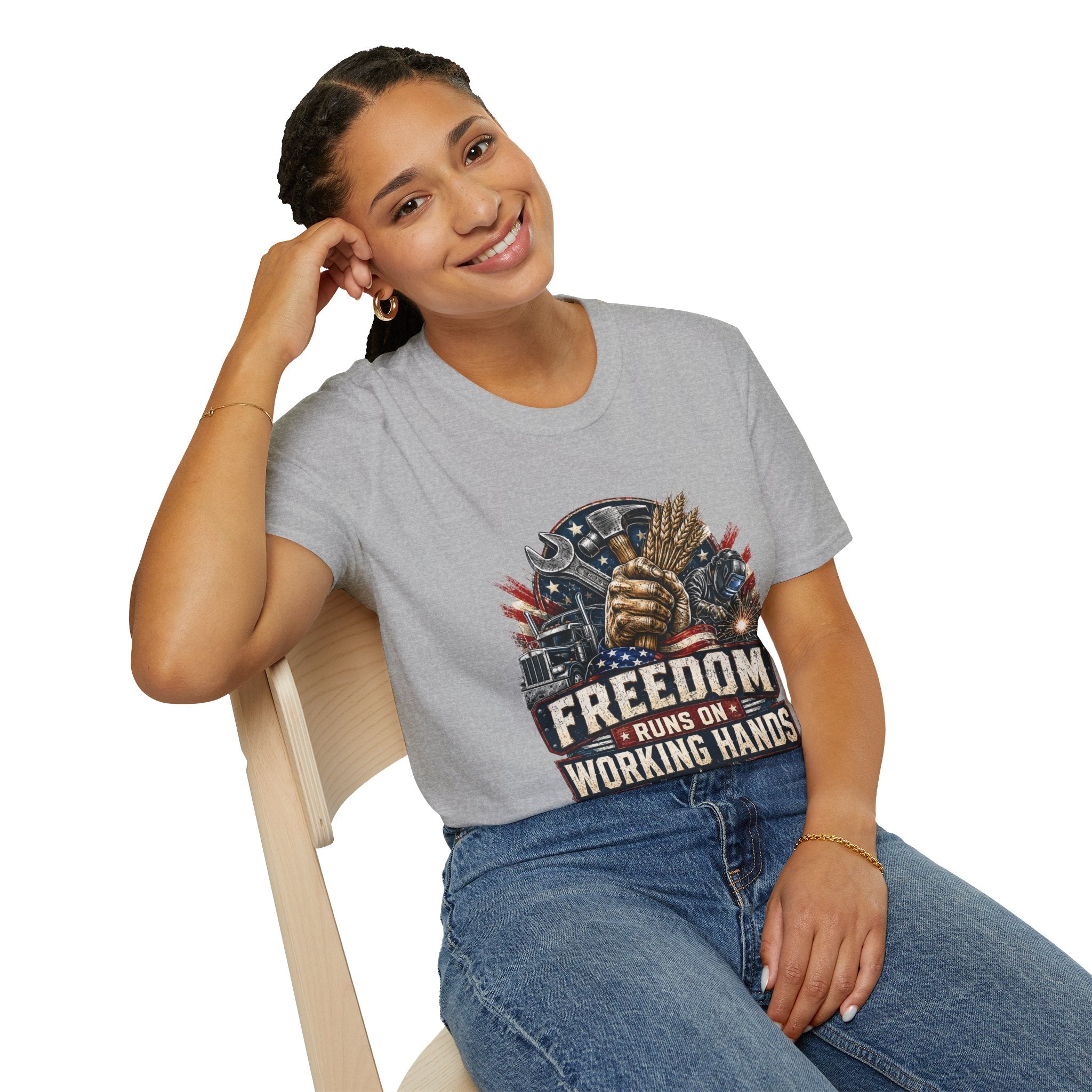 Freedom Runs on Working Hands T-Shirt — Patriotic Mechanic Tool & Wheat Design