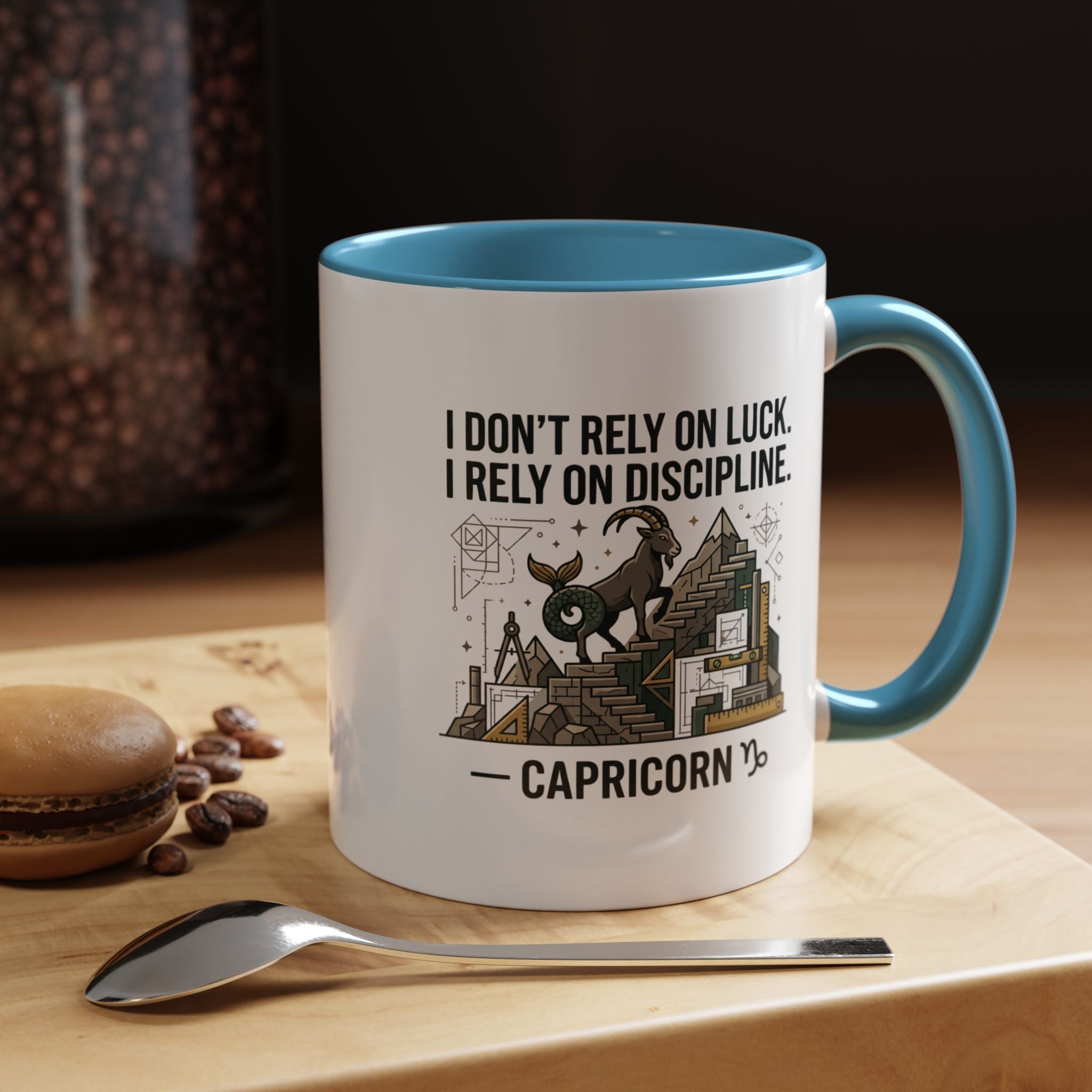 Capricorn Coffee Mug — “I Don’t Rely on Luck. I Rely on Discipline.” Accent Ceramic Mug