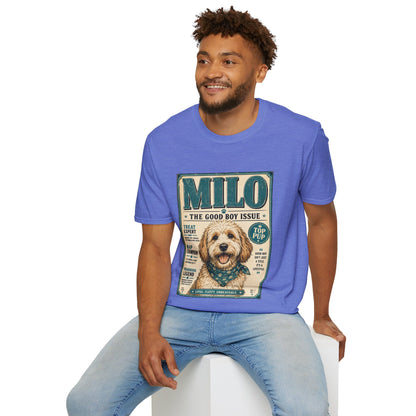 Milo 'The Good Boy Issue' Dog T‑Shirt — Vintage Puppy Magazine Design