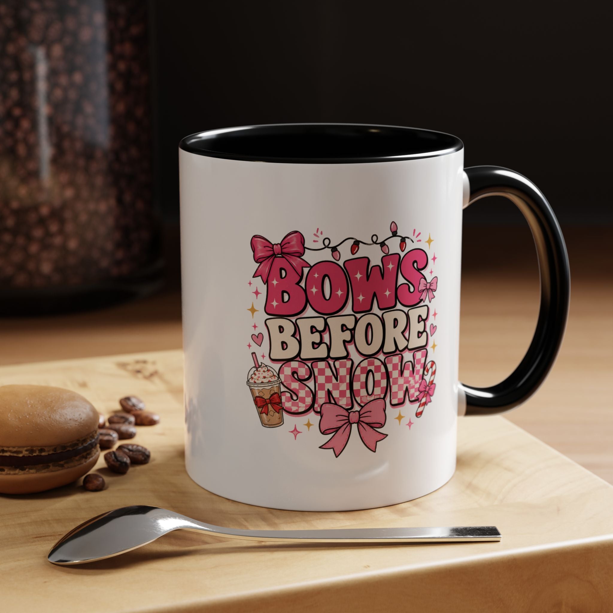 Modern Day Christmas Bows Before Snow Accent Coffee Mug — Cute Pink Holiday Hot Cocoa Design (11/15oz)