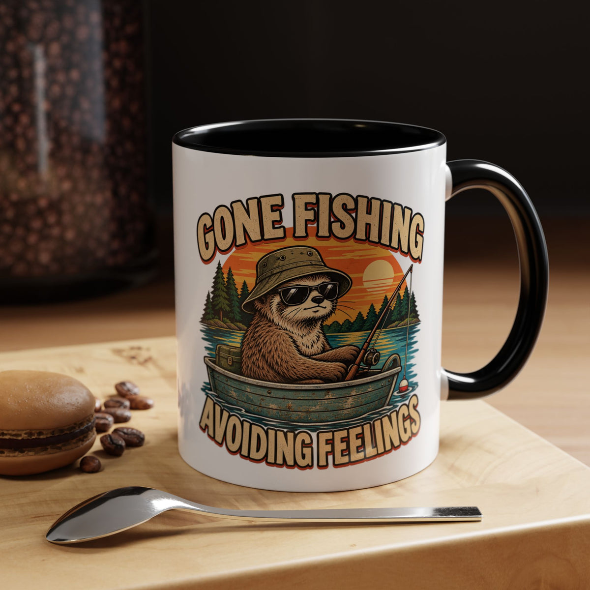 Funny And Witty "Gone Fishing Avoiding Feelings" Accent Coffee Mug (11, 15oz)