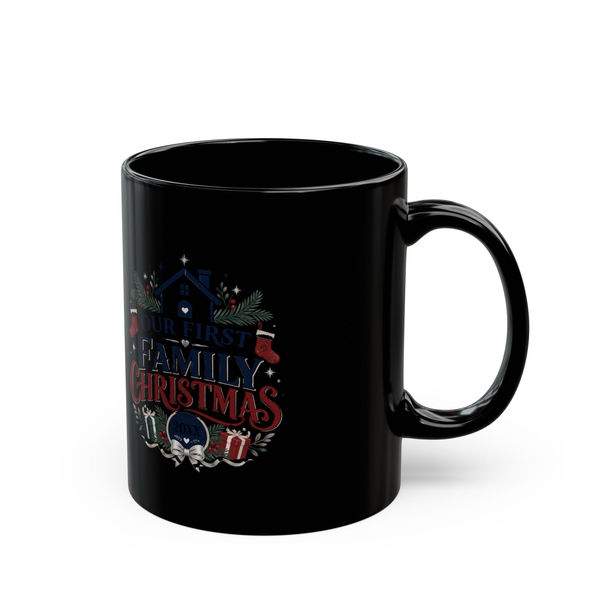 Christmas Family First Holiday Mug — “Our First Family Christmas” Black Coffee Cup