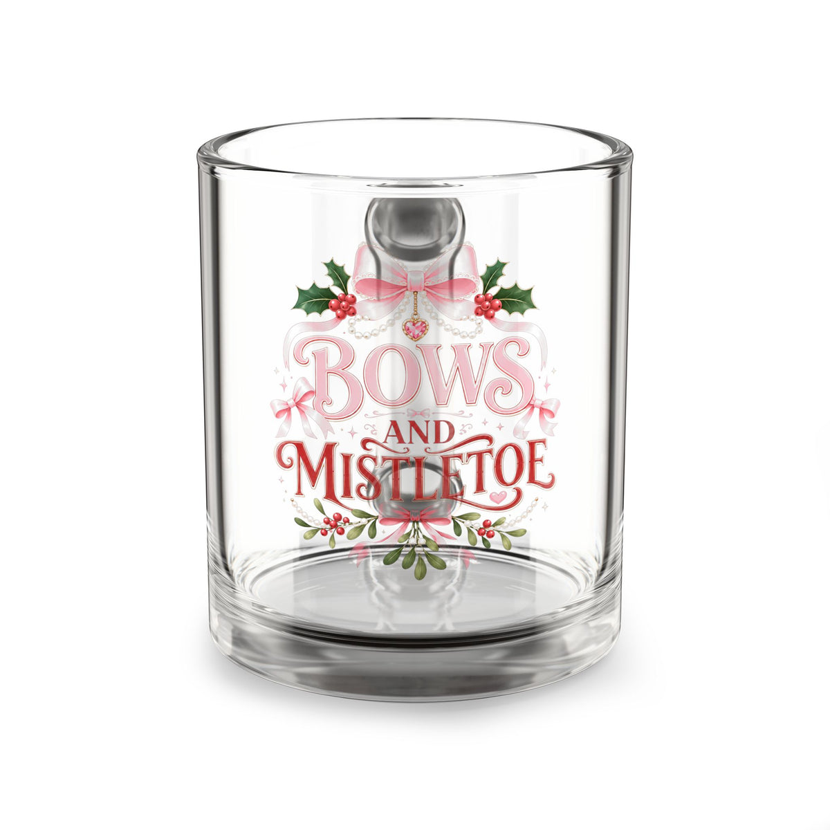 Christmas Glass Mug 10 oz Glass Mug — "Bows and Mistletoe" Christmas Holiday Coffee Mug, 10oz