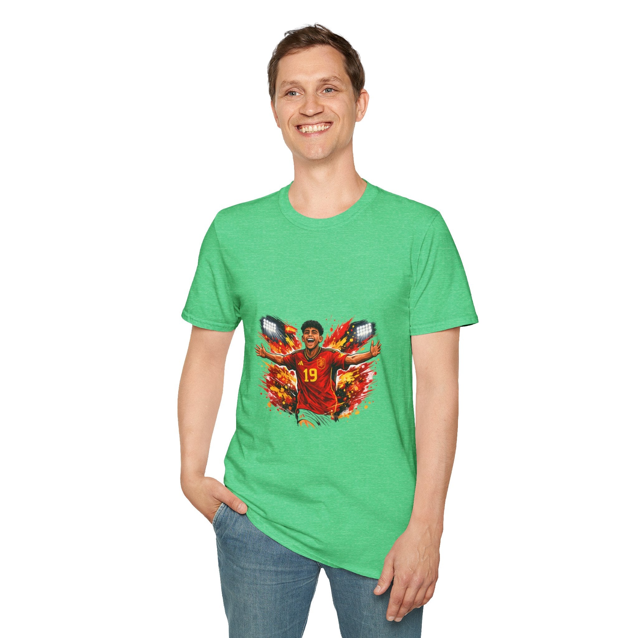 Spain Soccer Fan Portrait T‑Shirt – Fiery Goal Celebration Design