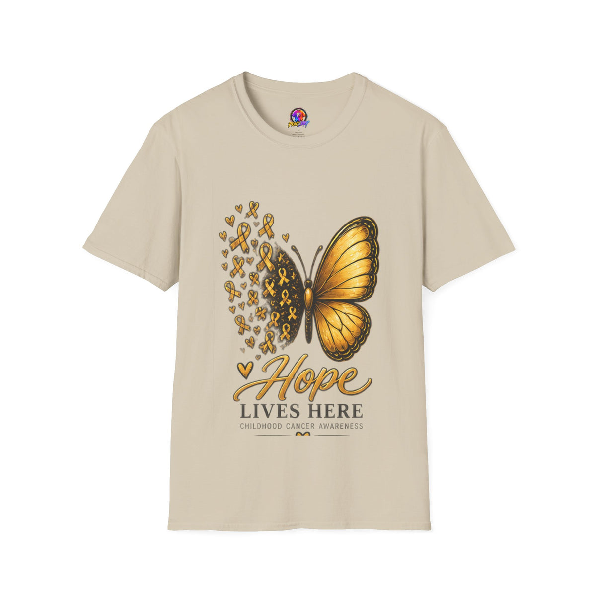 Hope Lives Here Gold Ribbon Butterfly Childhood Cancer Awareness T-Shirt