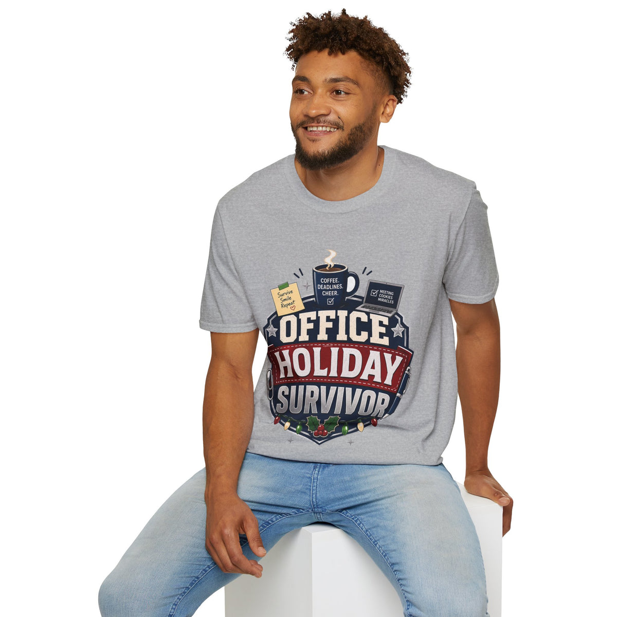 Office Holiday Survivor T-Shirt — Coffee, Deadlines & Cheer Work Shirt