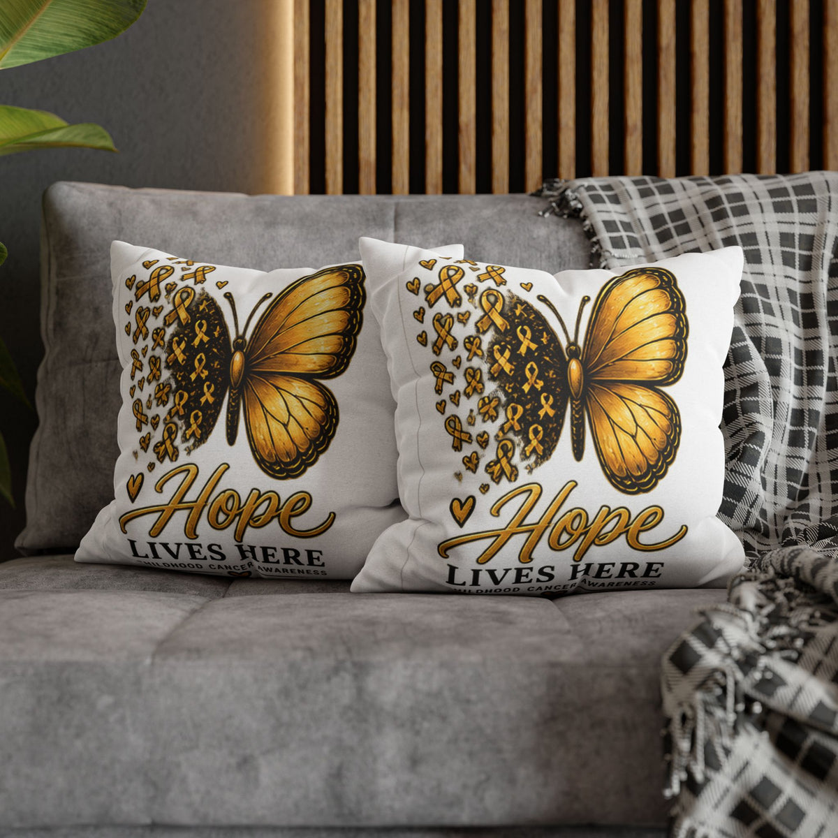 Childhood Cancer Awareness Pillow – "Hope Lives Here" Gold Ribbon Butterfly Square Pillowcase