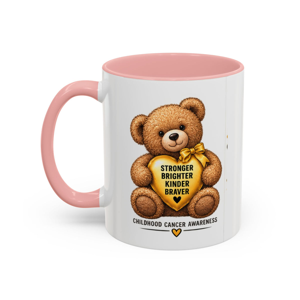 Childhood Cancer Awareness Coffee Mug — 'Stronger Brighter Kinder Braver' Teddy