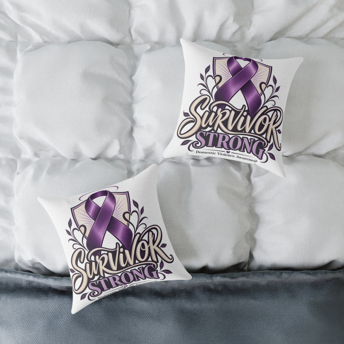 Survivor Strong Purple Ribbon Square Pillow — Domestic Violence Awareness Support Home Decor
