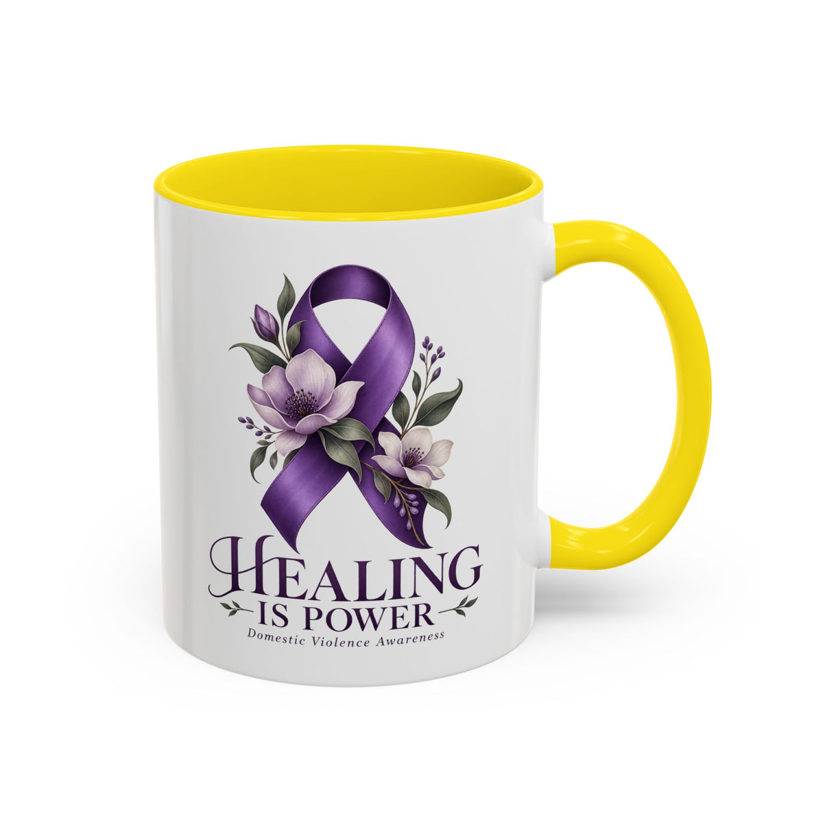 Healing Is Power Purple Ribbon Coffee Mug — Domestic Violence Awareness Accent Mug (11/15oz)