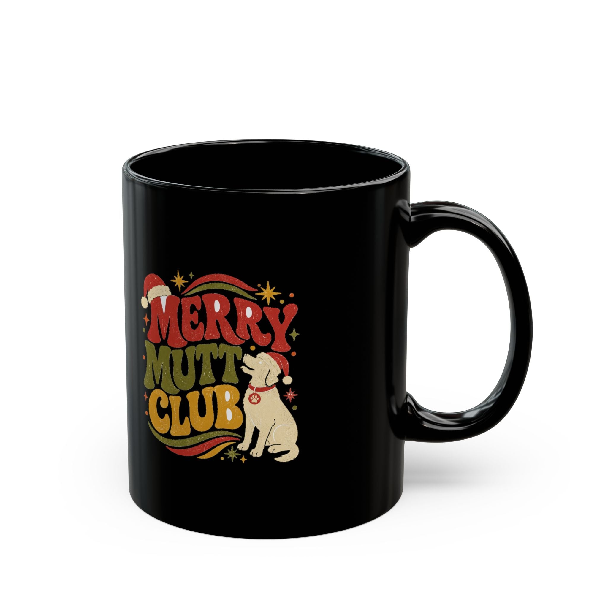 Modern Day Christmas Merry Mutt Club Black Coffee Mug – Funny Christmas Dog Lover Gift