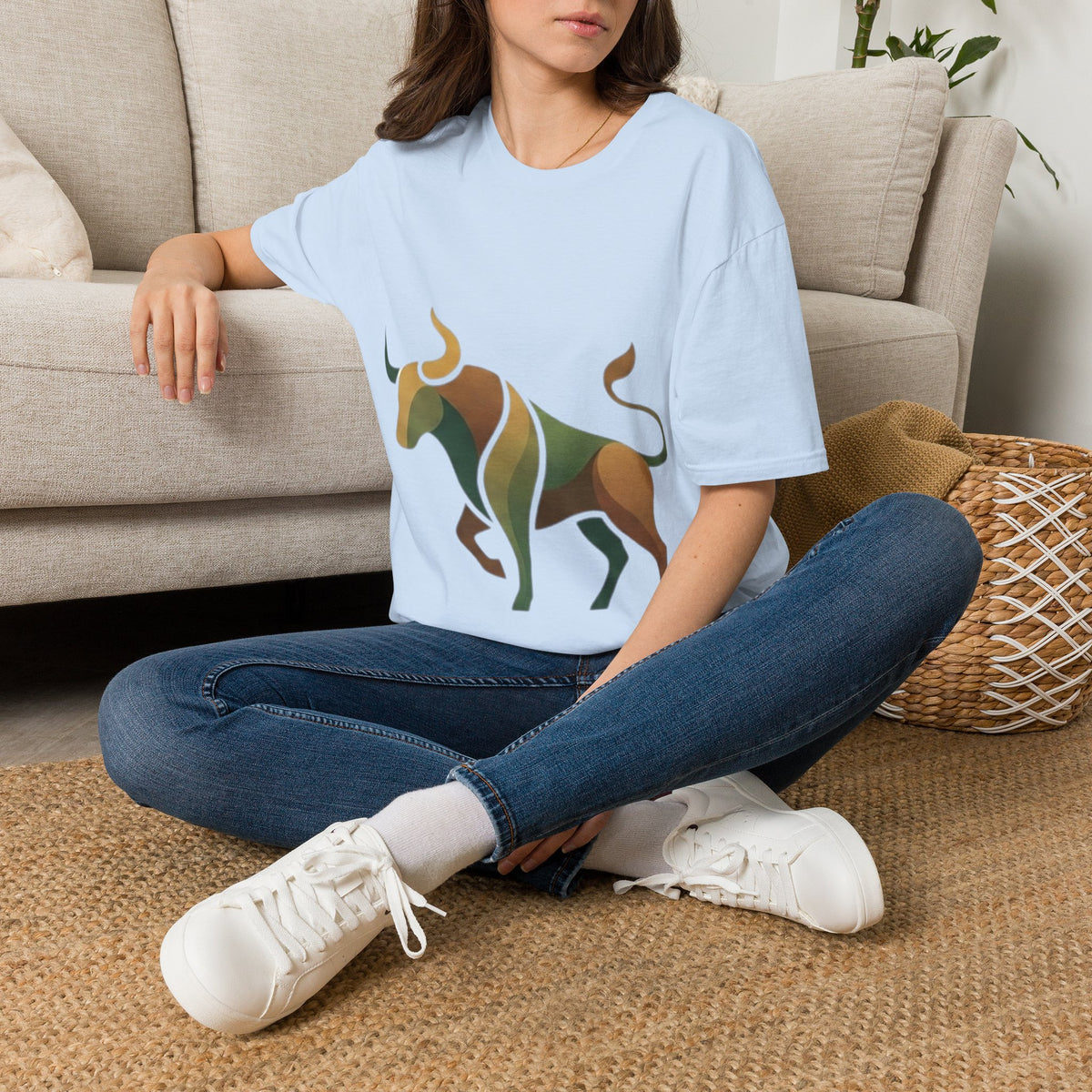 Bull Graphic T-Shirt — Earth Tone Geometric Taurus Design