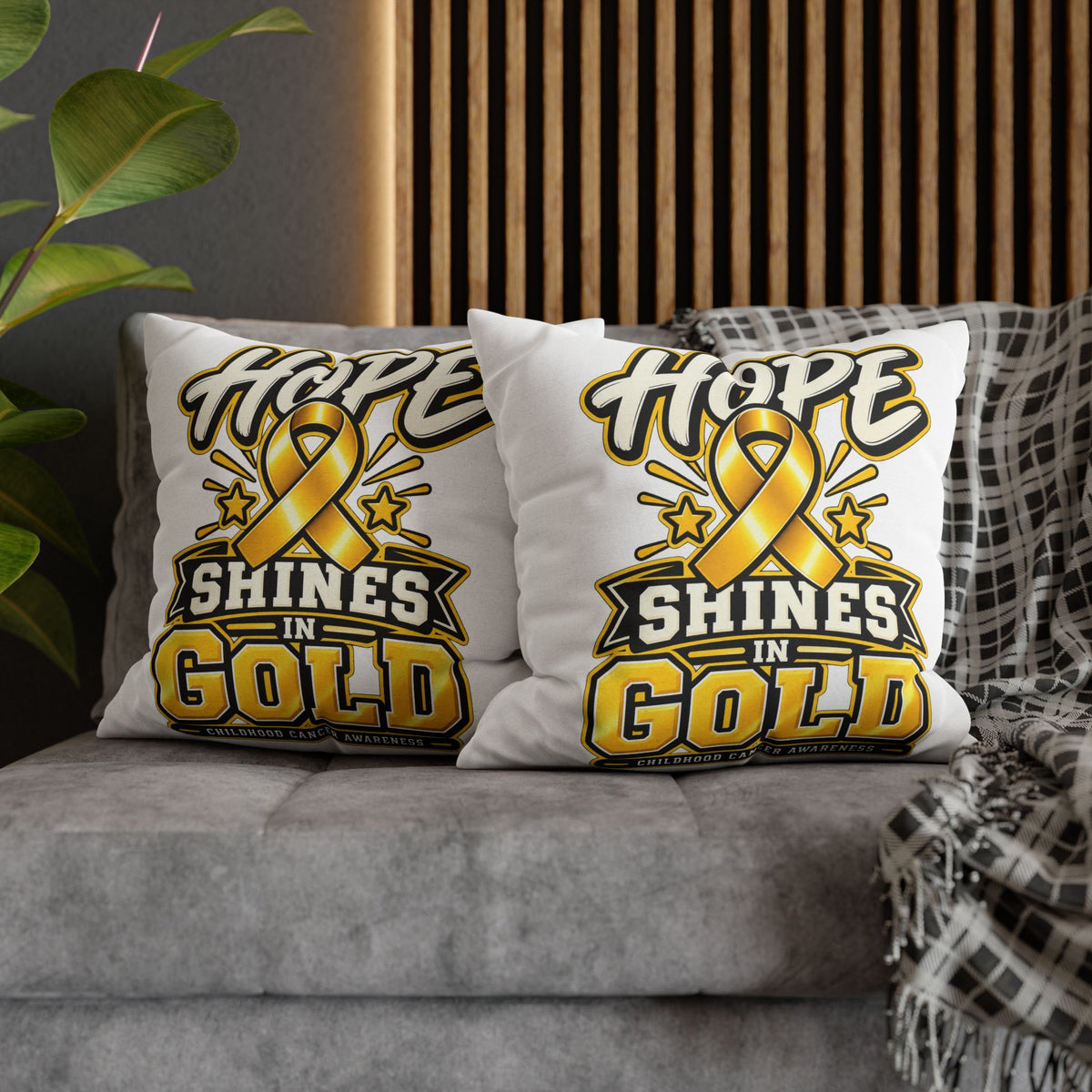 Hope Shines in Gold Pillowcase — Childhood Cancer Awareness Ribbon Decorative Pillow