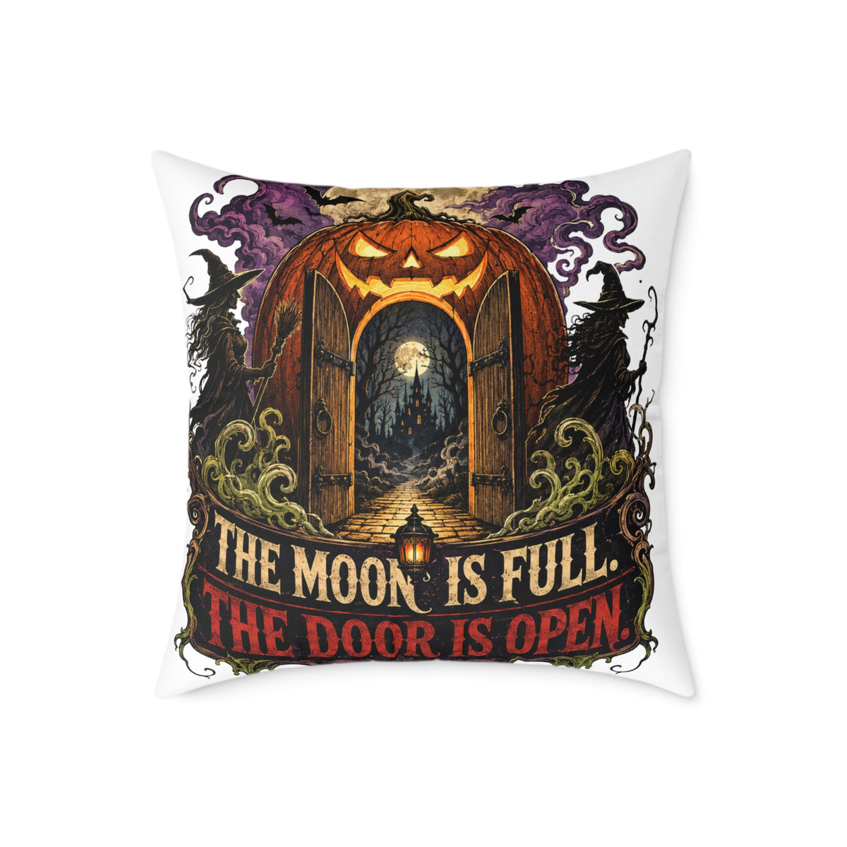 Halloween Pumpkin Door Pillow — "The Moon Is Full, The Door Is Open" Decorative Throw Pillow