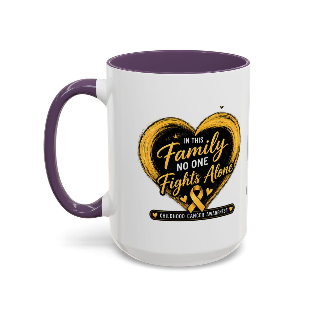 Childhood Cancer Awareness Accent Coffee Mug — "In This Family No One Fights Alone"