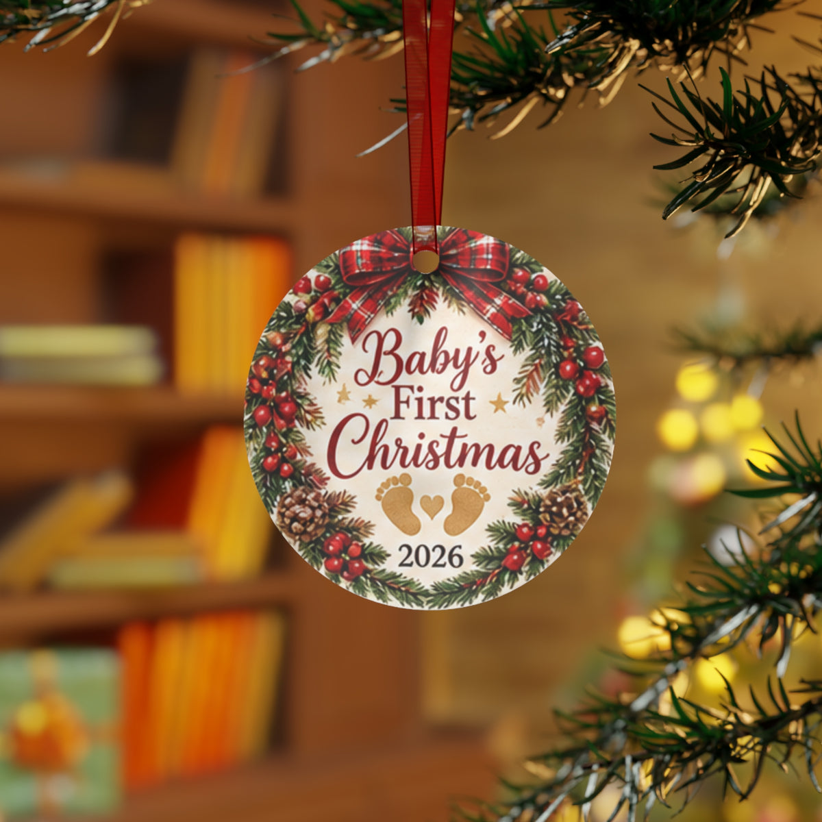 Baby's First Christmas 2026 Metal Ornament — Personalized Newborn Holiday Keepsake