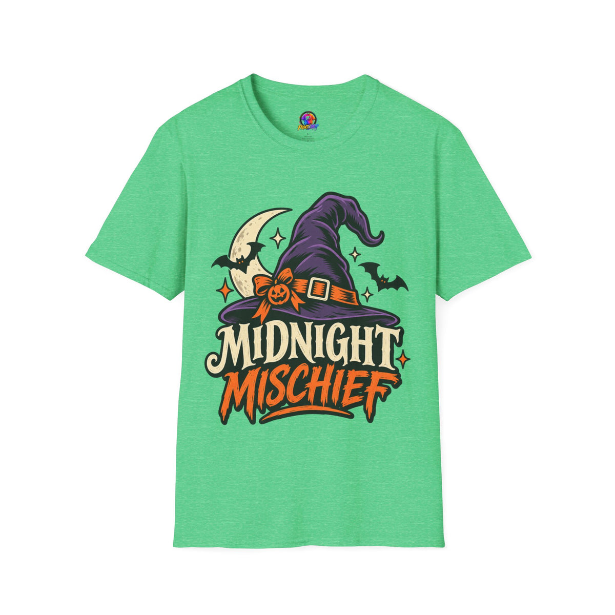 Midnight Mischief Halloween T-Shirt — Witch Hat & Bats Graphic