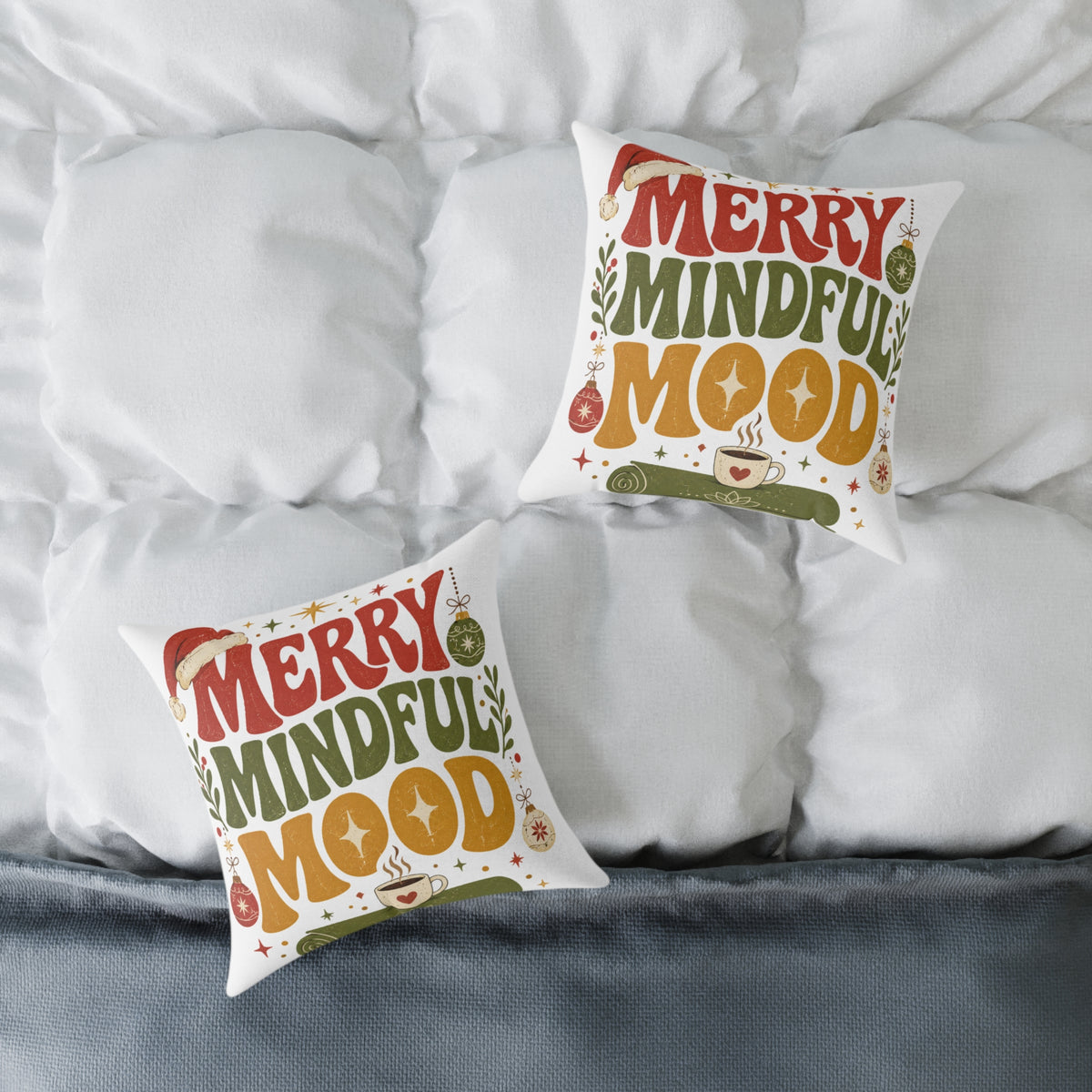 Merry Mindful Mood Holiday Modern Day Christmas Pillow — Festive Christmas Decorative Square Throw Cushion