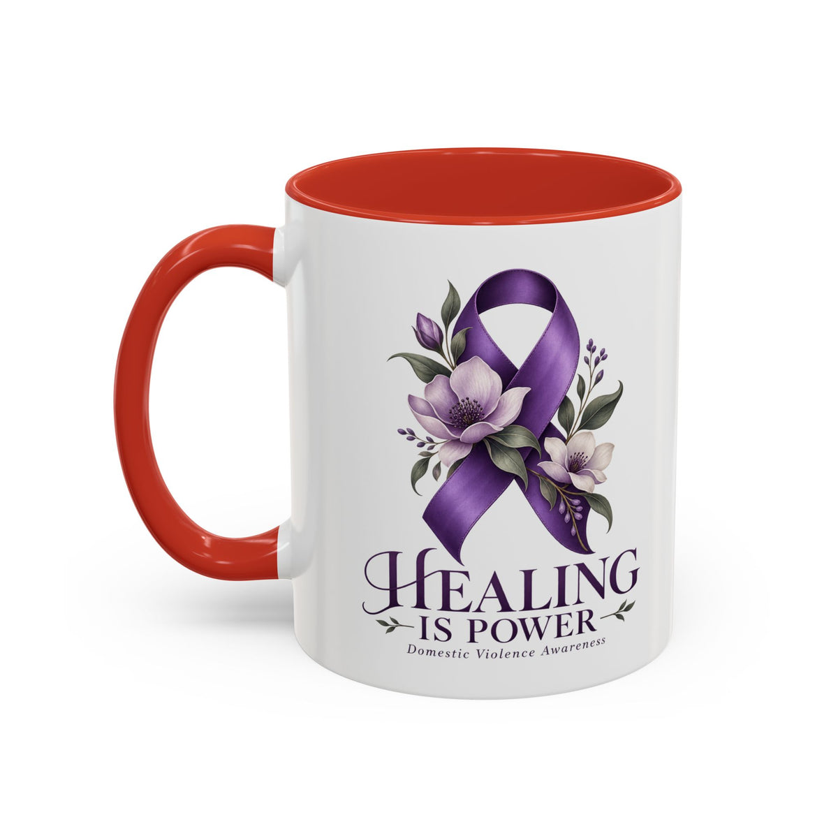 Healing Is Power Purple Ribbon Coffee Mug — Domestic Violence Awareness Accent Mug (11/15oz)
