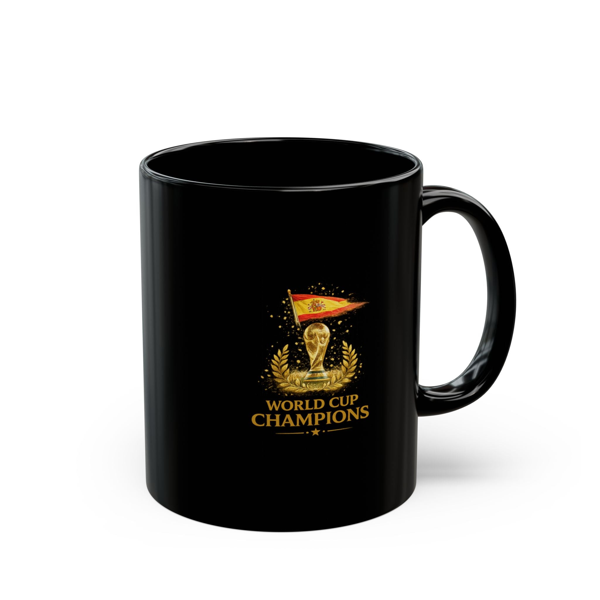 World Cup Champions Black Mug — Soccer Trophy & Pennant Coffee Cup