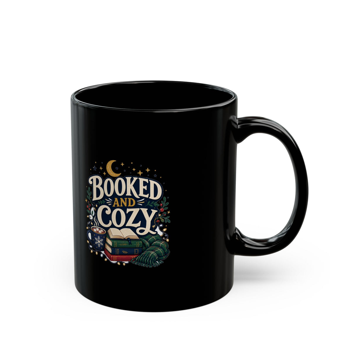 Modern Day Christmas  Booked and Cozy Black Mug —  Ceramic Coffee Cup for Book Lovers