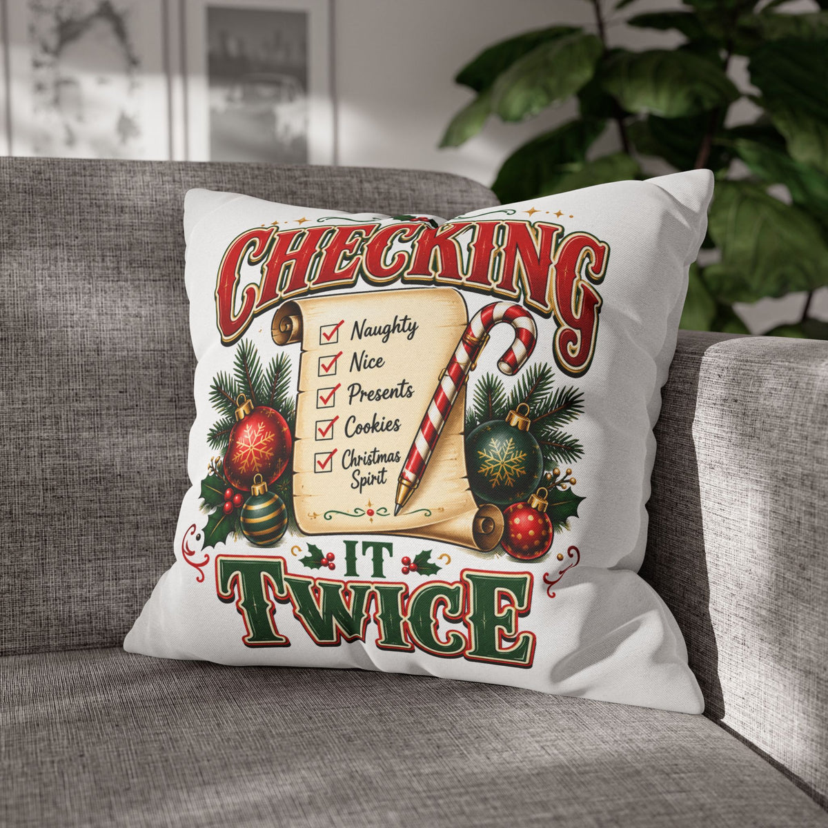 Checking It Twice Christmas Pillowcase — Festive Holiday Checklist Throw Pillow Cover