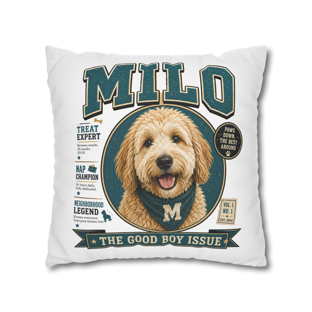 Milo 'The Good Boy Issue' Decorative Pillowcase – Personalized Dog Portrait Accent Pillowcase Milo Bailey Dog Dad Mom