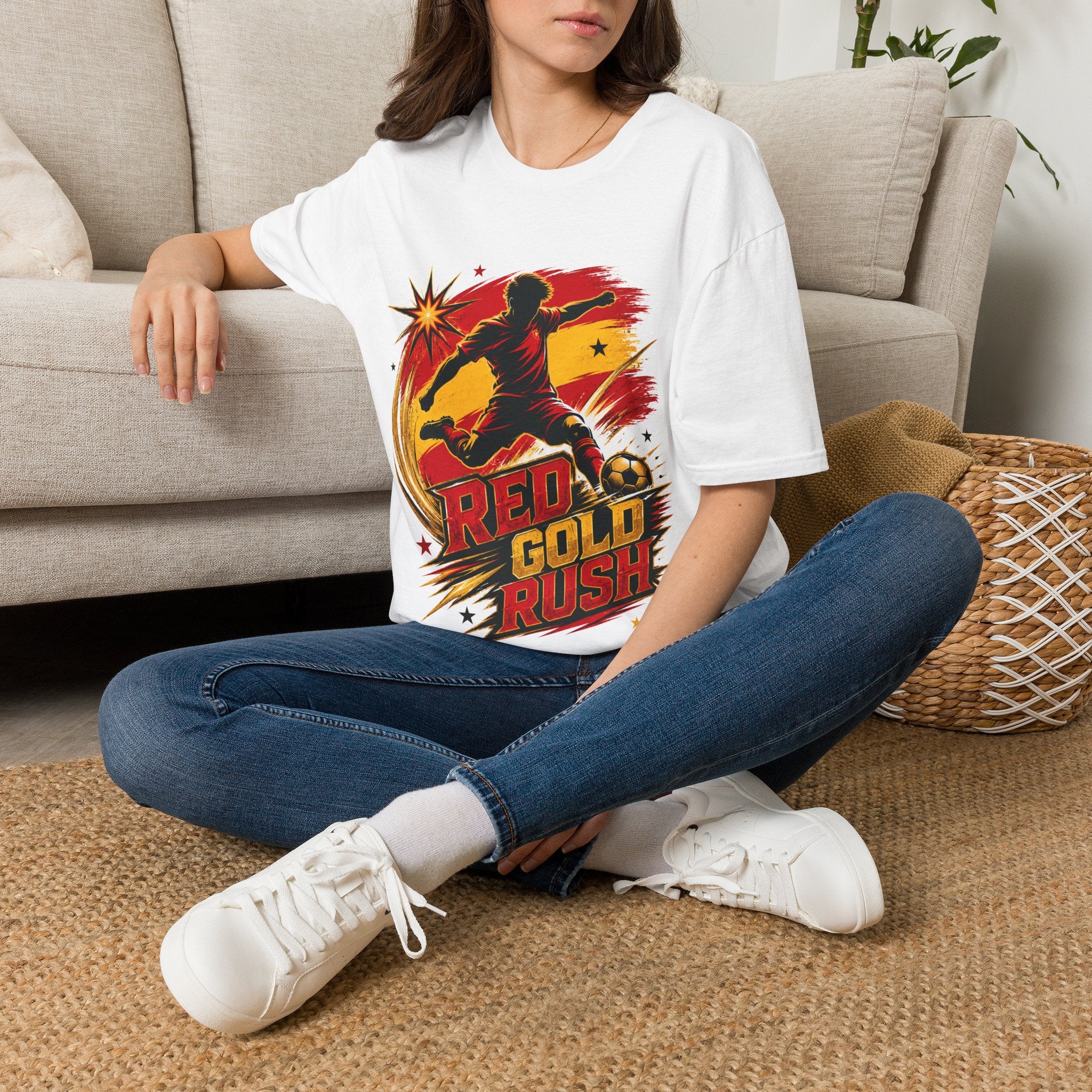 Spain Red & Gold Rush Soccer T-Shirt — Retro Soccer Player Graphic