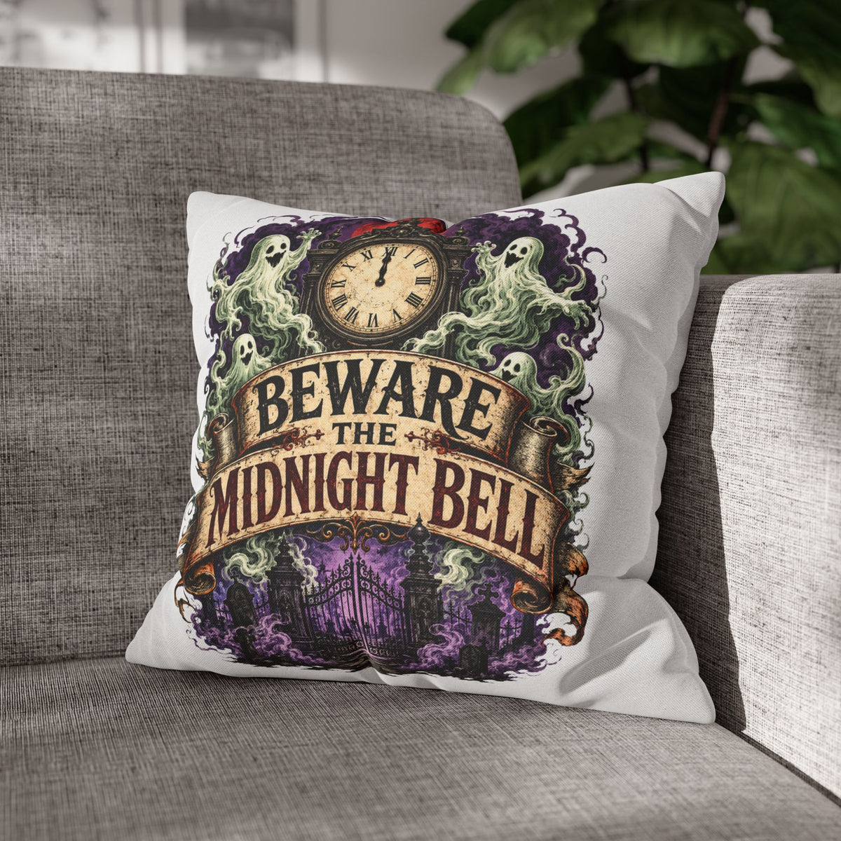 Halloween Beware the Midnight Bell Pillowcase — Haunted Clock & Ghosts Decorative Throw Pillow