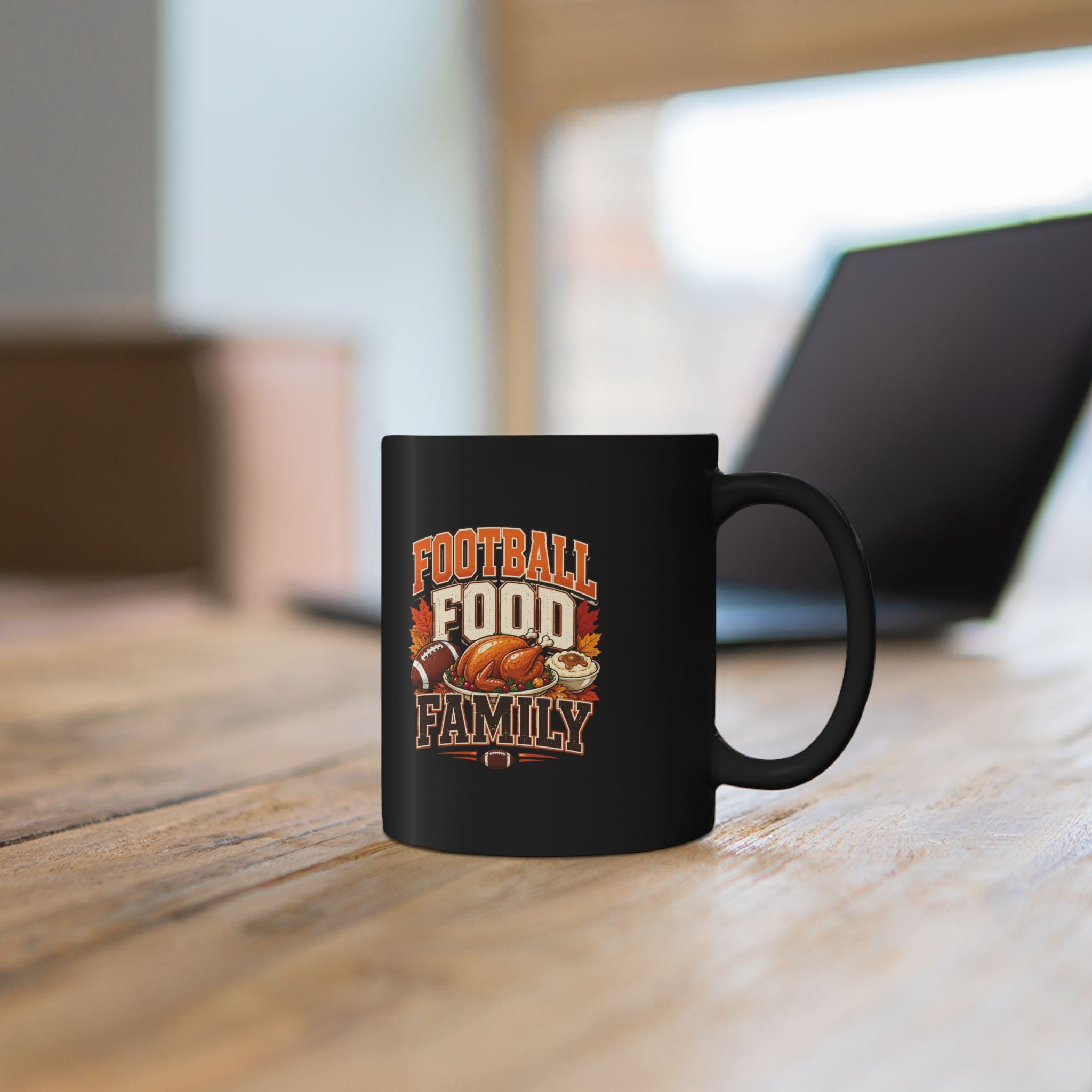 Thanksgiving Black Mug Football Food Family Mug — Black Coffee Cup for Game Day