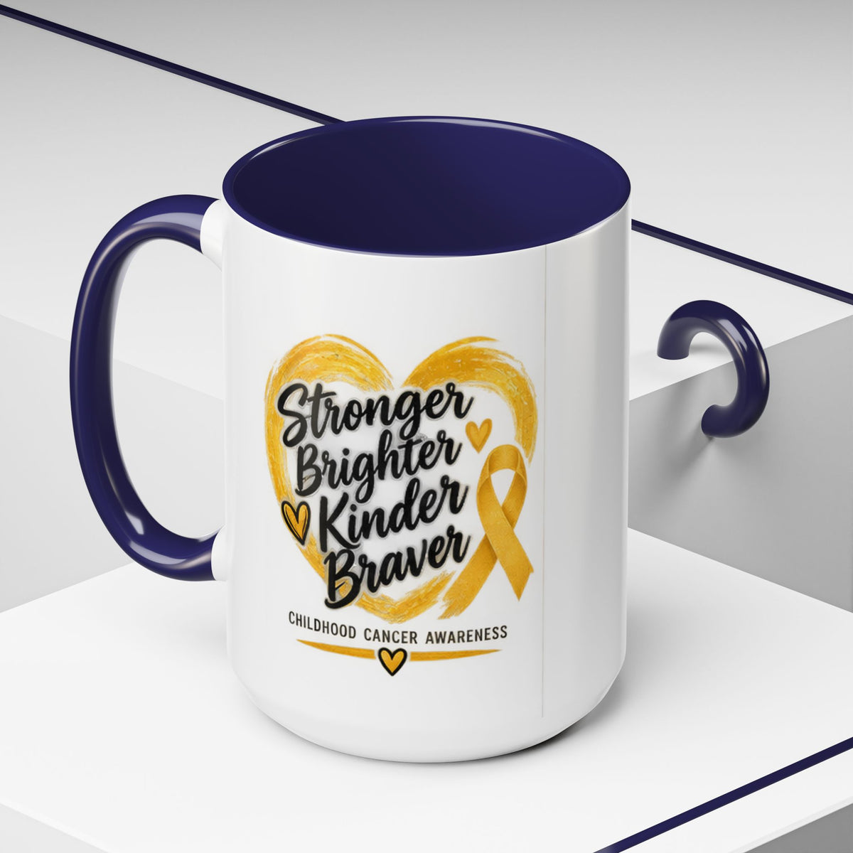 Childhood Cancer Awareness Accent Coffee Mug — "Stronger Brighter Kinder Braver"
