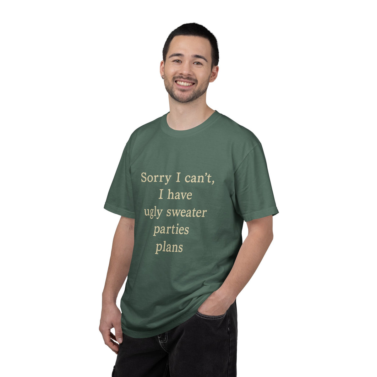 Funny Holiday Party Tee — "Sorry I can't, I have ugly sweater parties plans" T-Shirt - Trending Now - October 2026
